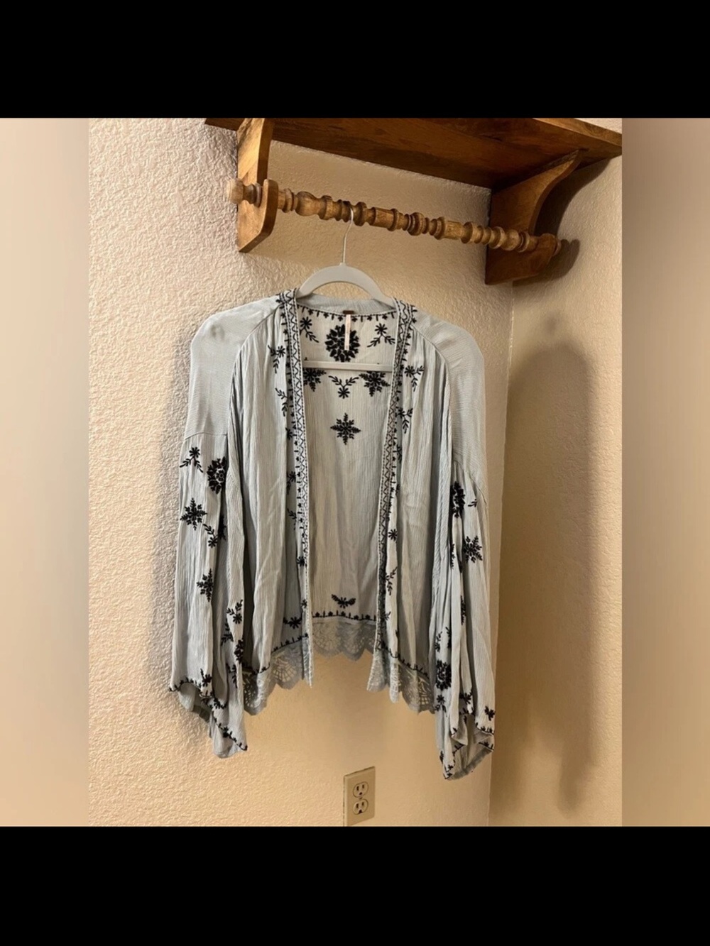 Free People Light Gray Open-Front Kimono with Black Embroidery